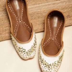 Women Off-White & Gold-Toned Embellished Mojaris