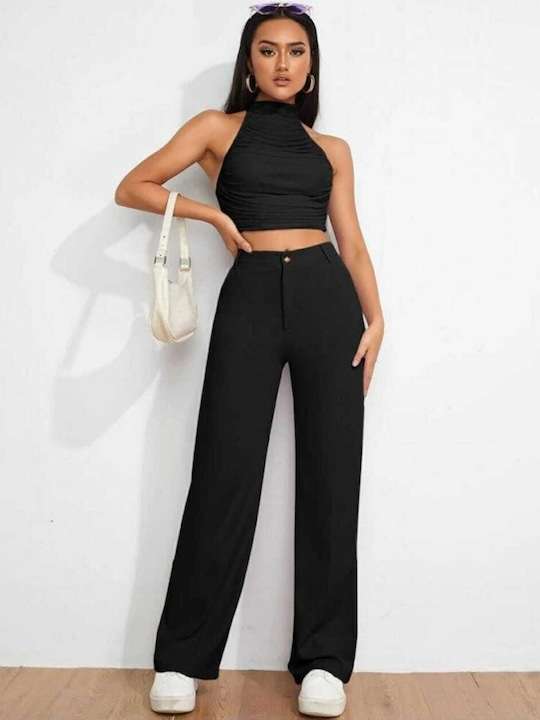 Women Black Wide Leg Loose Fit High-Rise Trouser - Image 4