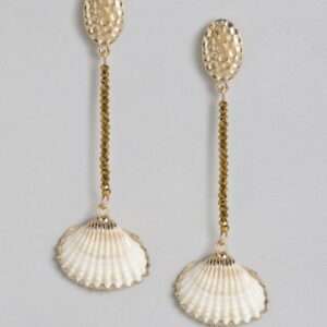 Gold-Toned & White Beaded Shell Hammered Contemporary Drop Earrings