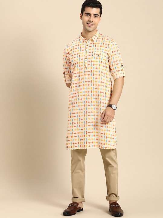 Men Off White & Blue Geometric Printed Kurta - Image 4