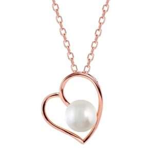 Sterling Silver Rose Gold Pearl Heart Pendant with Link Chain | Necklace to Gift Women & Girls