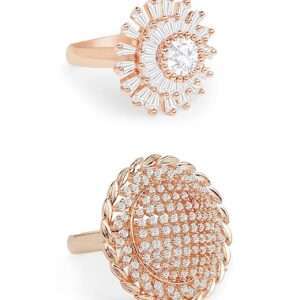 Set of 2 Rose Gold Cubic Zirconia Contemporary Finger Rings For Women & Girls