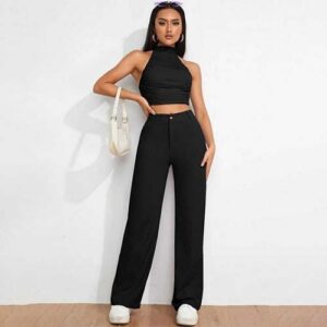 Women Black Wide Leg Loose Fit High-Rise Trouser