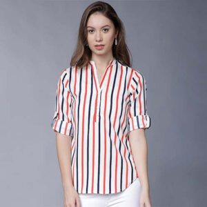 Women White Striped Shirt Style Top
