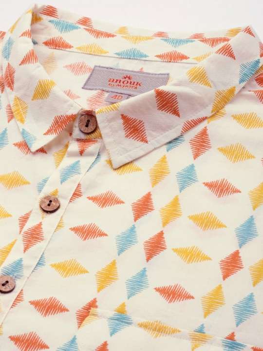 Men Off White & Blue Geometric Printed Kurta - Image 2