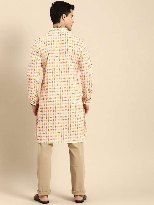 Men Off White & Blue Geometric Printed Kurta - Image 3