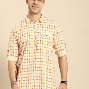 Men Off White & Blue Geometric Printed Kurta