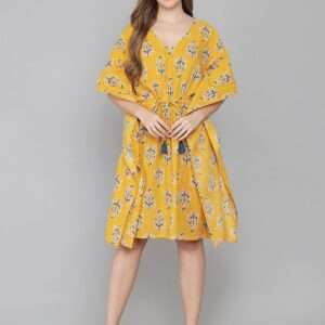 Women's Cotton Printed Short Maxi Kaftan for Loungewear/ Sleepwear- Yellow