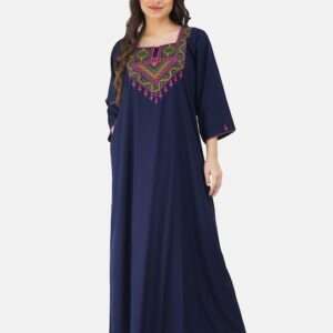 Women Navy Blue Embroidered Maxi Nightdress CHATAI FULL
