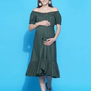 Women Maternity Olive Green Off-Shoulder Midi Dress