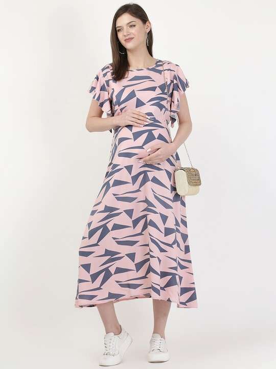 Women Pink Maternity A-Line Midi Dress - Image 2
