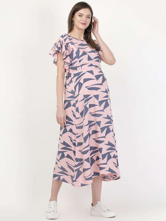 Women Pink Maternity A-Line Midi Dress - Image 4