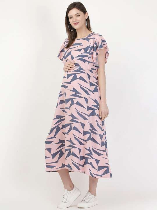 Women Pink Maternity A-Line Midi Dress - Image 5