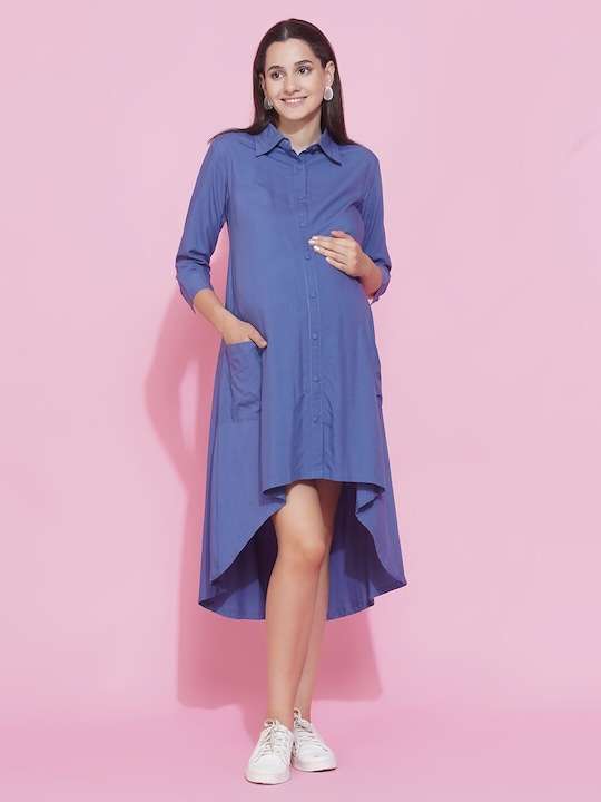 Women Blue Maternity Shirt Midi Dress - Image 2