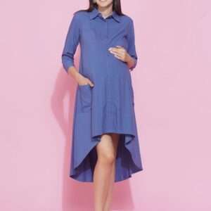 Women Blue Maternity Shirt Midi Dress
