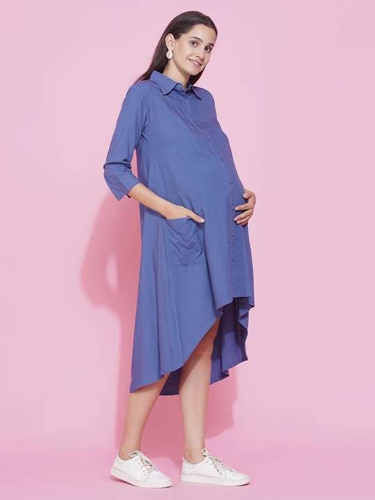 Women Blue Maternity Shirt Midi Dress - Image 4