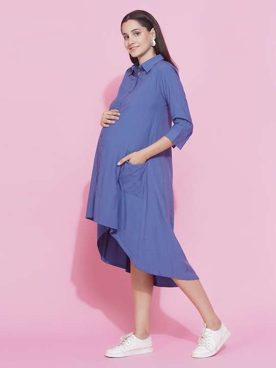 Women Blue Maternity Shirt Midi Dress - Image 5