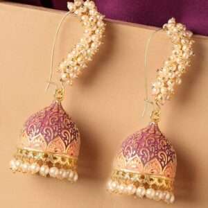 Gold-Toned & Pink Meenakari Enamel Pearls Ethnic Jhumka
