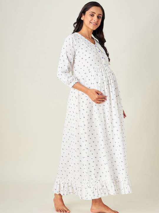 Women Maternity White Printed Cotton Maxi Dress - Image 3