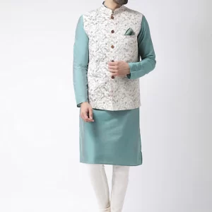 Men Green & White Solid Kurta with Churidar