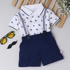 Boys White & Navy Half Sleeves T-shirt Short Set