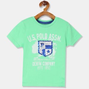 Boys Green Printed Round Neck Flippy Sequinned T-shirt